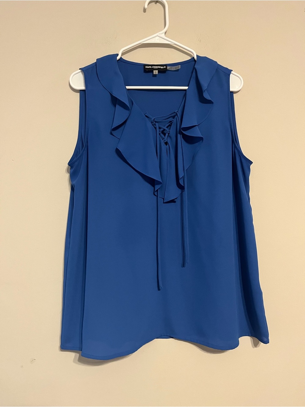 Karl Lagerfeld Royal Blue Lace-Up Ruffle Sleeveless Blouse Size L